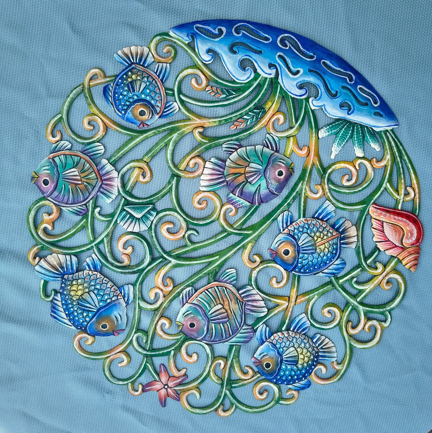 23 inches Oil Drum Top Multicolor Fish Made in Haiti Hand Made Metal Drum Art