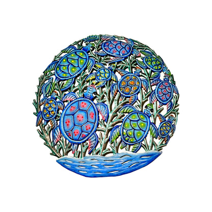 23 inch Antoine- Blue & Turquoise Turtles Made in Haiti Hand Made Metal Drum Art