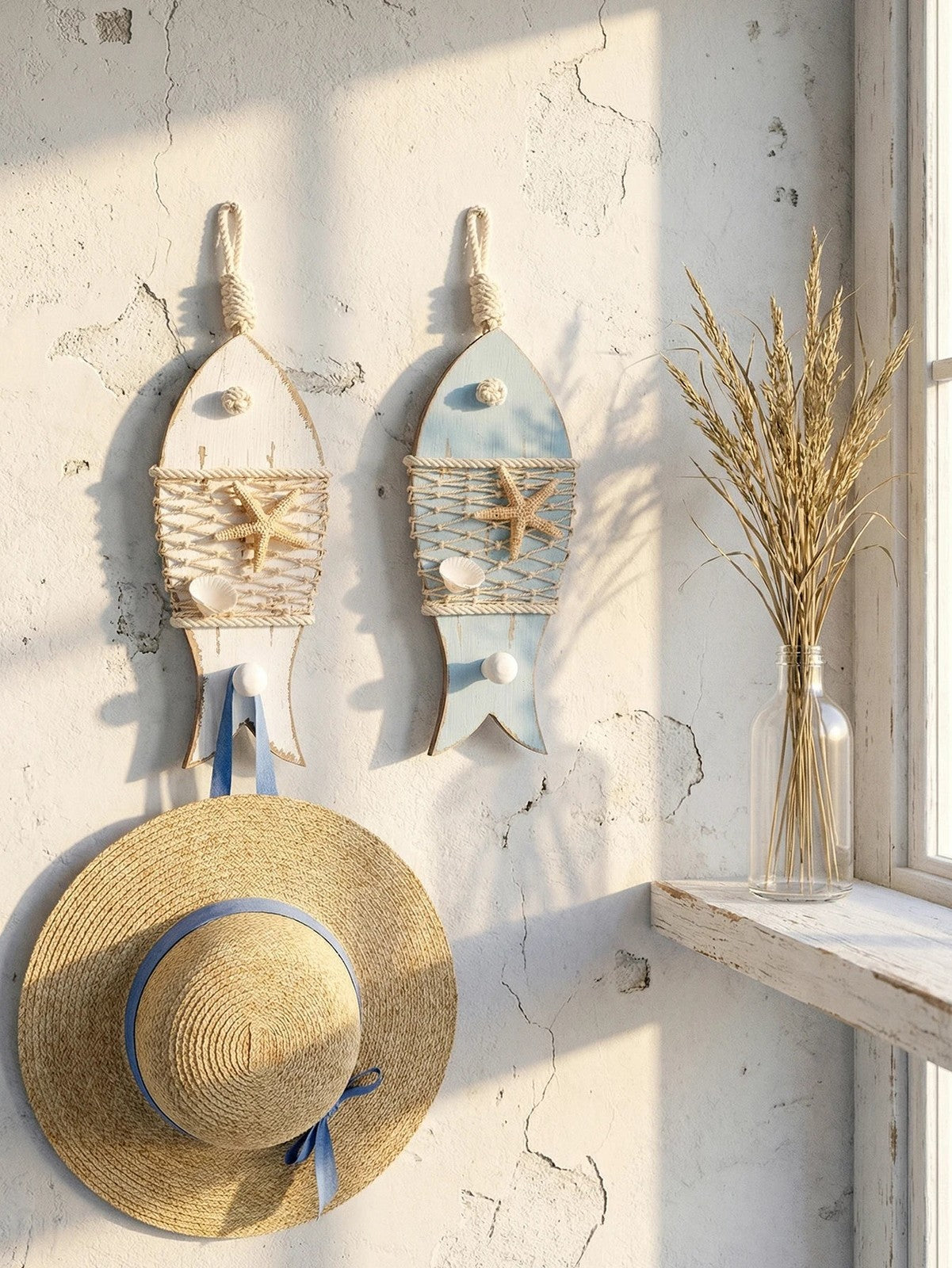 Nautical Decorative Wood Fish Wall Hook – Coastal Beach Starfish Hanger