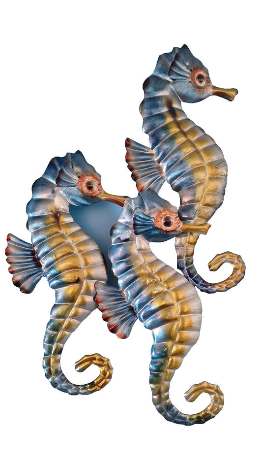 Metal Seahorse Sculpture Globe Triple Seahorse 24 Inch Aquamarine Blue