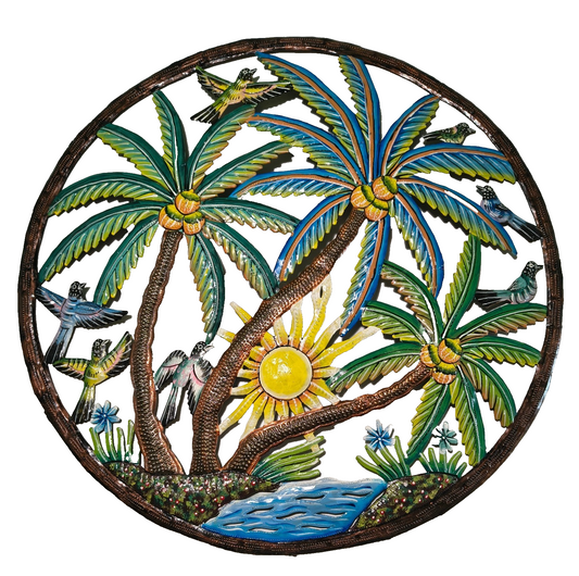 23 inches Antoine- Full of Colors Tropical Tree &Sun Hand Made Metal Drum Art 