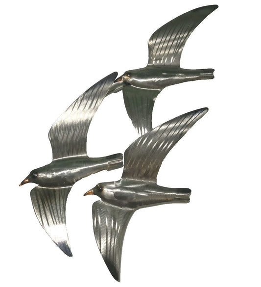 19″ High x 10″ Wide Flock of Metal Silvery Wall Seagulls
