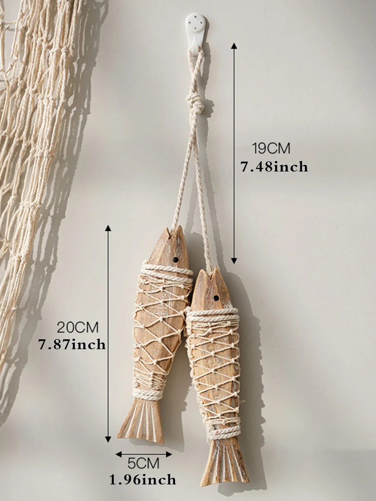 Rustic Wooden Fish Wall Decor - Nautical Rope Hanging Ornament for Home