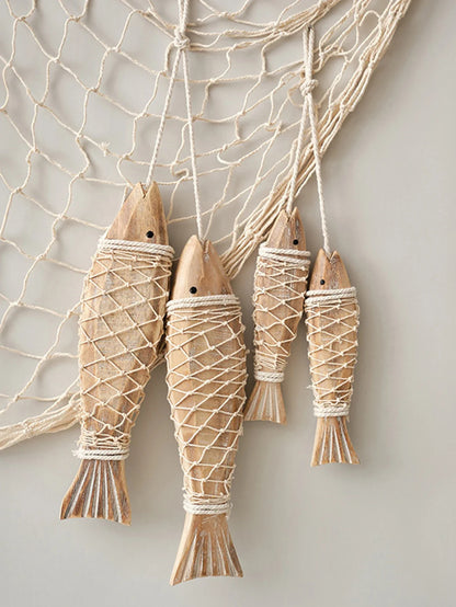 Rustic Wooden Fish Wall Decor - Nautical Rope Hanging Ornament for Home