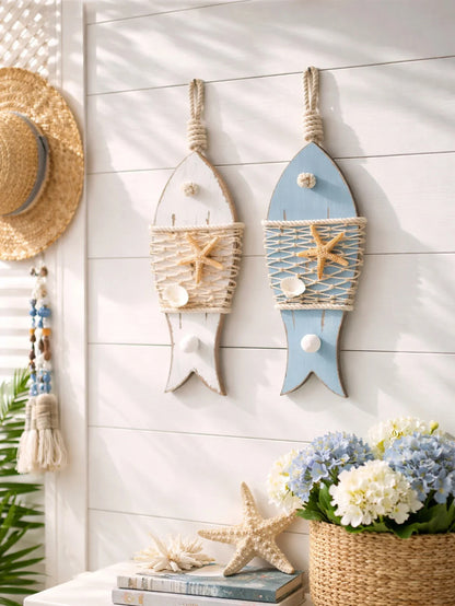 Nautical Decorative Wood Fish Wall Hook – Coastal Beach Starfish Hanger
