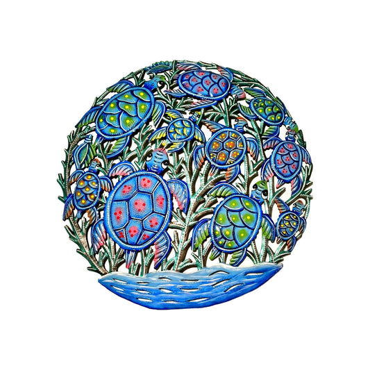 23 inch Antoine- Blue & Turquoise Turtles Made in Haiti Hand Made Metal Drum Art