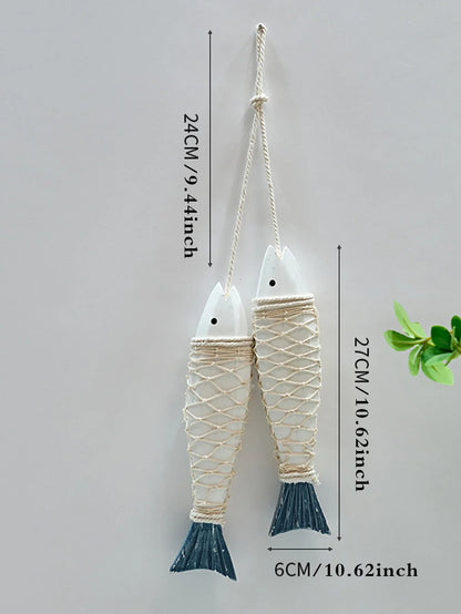 Rustic Wooden Fish Wall Decor - Nautical Rope Hanging Ornament for Home