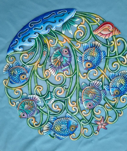 23 inches Oil Drum Top Multicolor Fish Made in Haiti Hand Made Metal Drum Art