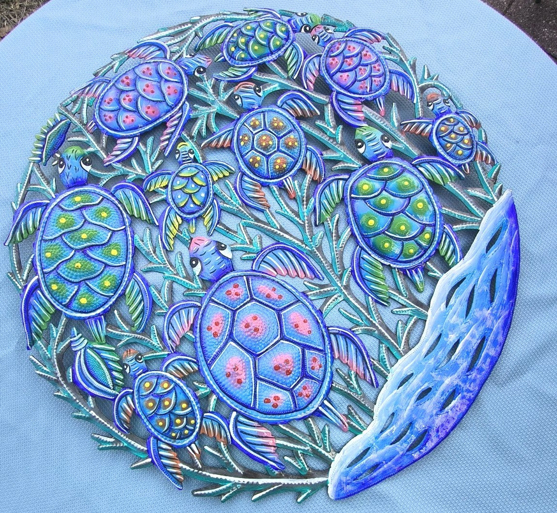 23 inch Antoine- Blue & Turquoise Turtles Made in Haiti Hand Made Metal Drum Art