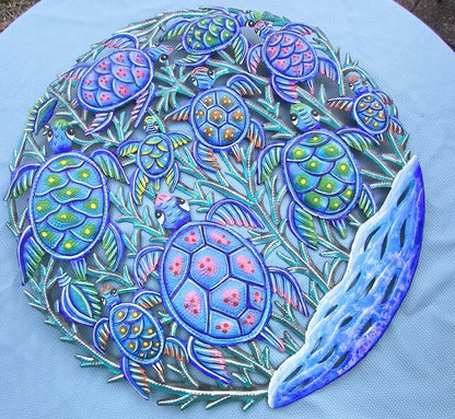 23 inch Antoine- Blue & Turquoise Turtles Made in Haiti Hand Made Metal Drum Art