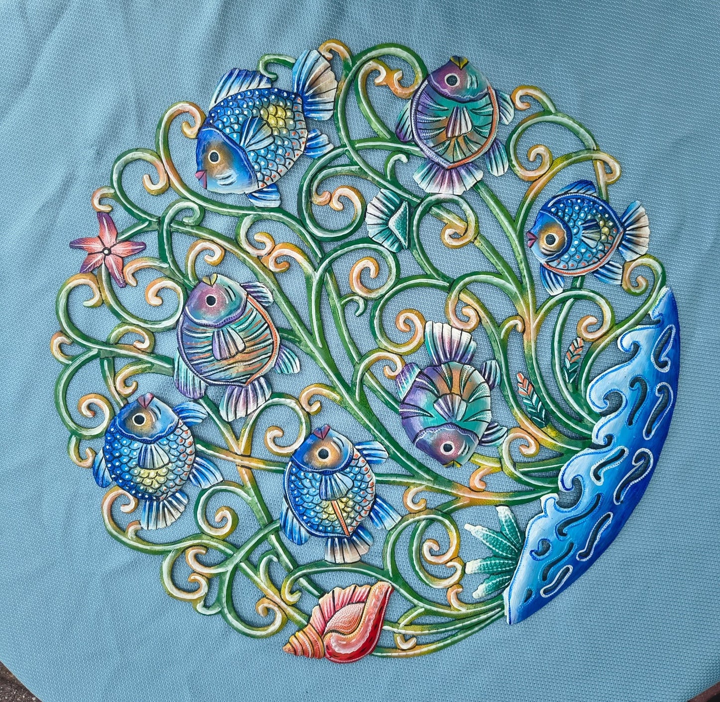 23 inches Oil Drum Top Multicolor Fish Made in Haiti Hand Made Metal Drum Art