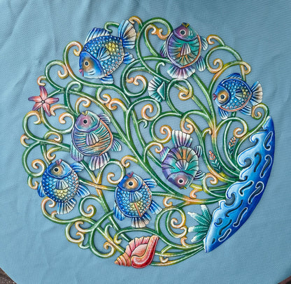 23 inches Oil Drum Top Multicolor Fish Made in Haiti Hand Made Metal Drum Art