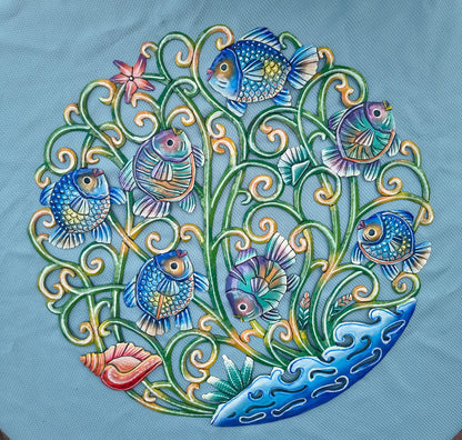 23 inches Oil Drum Top Multicolor Fish Made in Haiti Hand Made Metal Drum Art