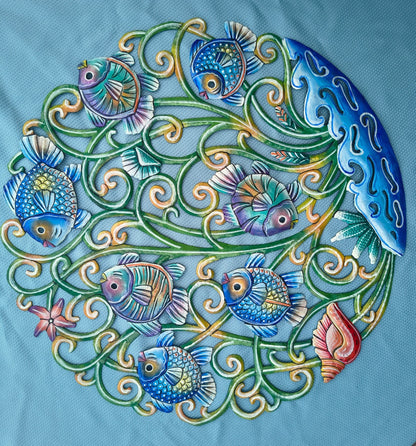 23 inches Oil Drum Top Multicolor Fish Made in Haiti Hand Made Metal Drum Art