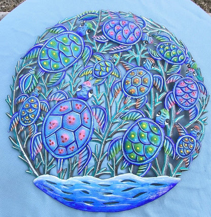 23 inch Antoine- Blue & Turquoise Turtles Made in Haiti Hand Made Metal Drum Art