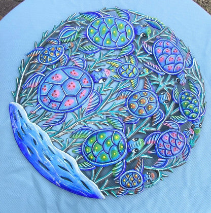 23 inch Antoine- Blue & Turquoise Turtles Made in Haiti Hand Made Metal Drum Art