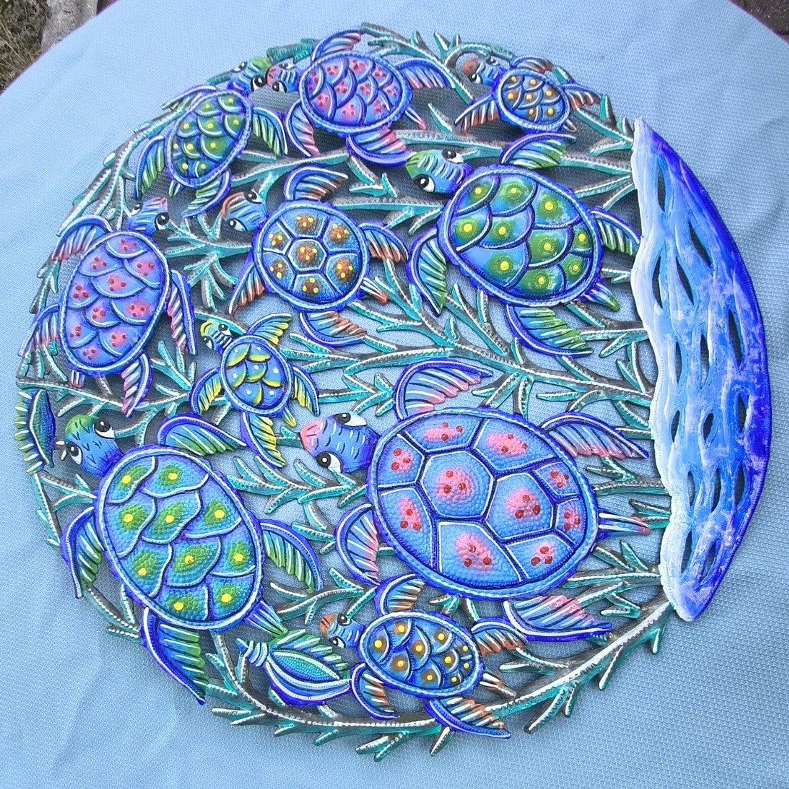 23 inch Antoine- Blue & Turquoise Turtles Made in Haiti Hand Made Metal Drum Art