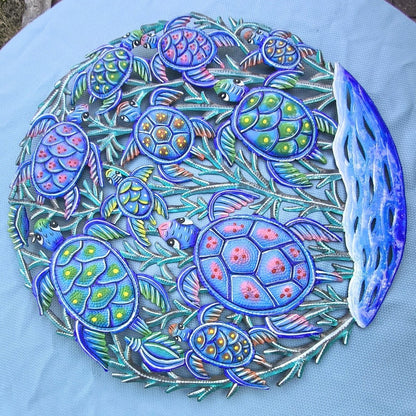 23 inch Antoine- Blue & Turquoise Turtles Made in Haiti Hand Made Metal Drum Art